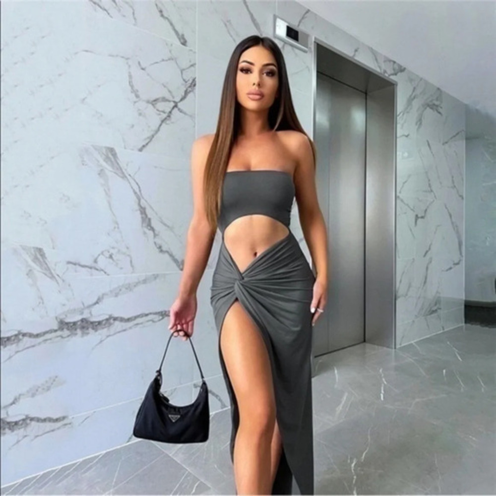 Women’s Strapless Cutout Maxi Dress Gray Twist Front High Slit Bodycon NWT